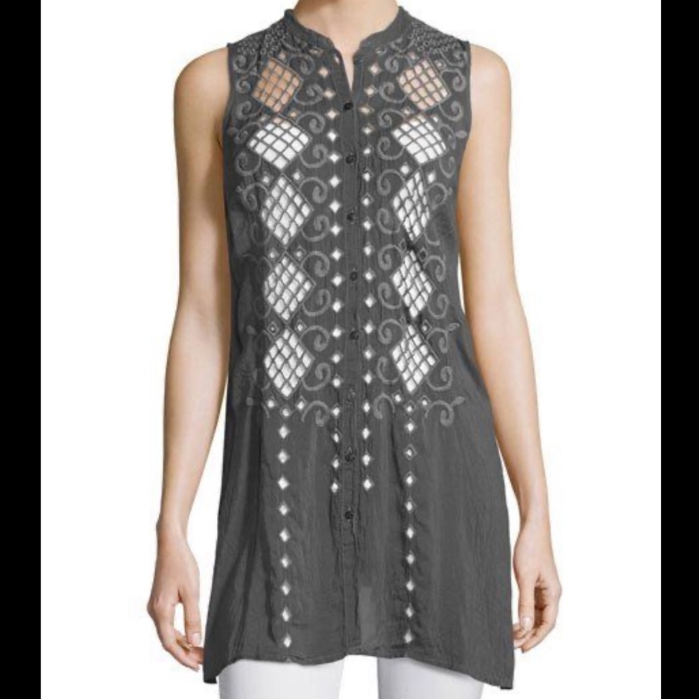 Johnny Was Grey Diamond Eyelet Tunic Silk